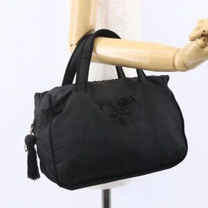 PRADA Beads Fringe Tote Bag Nylon Black Silver Auth bs30470